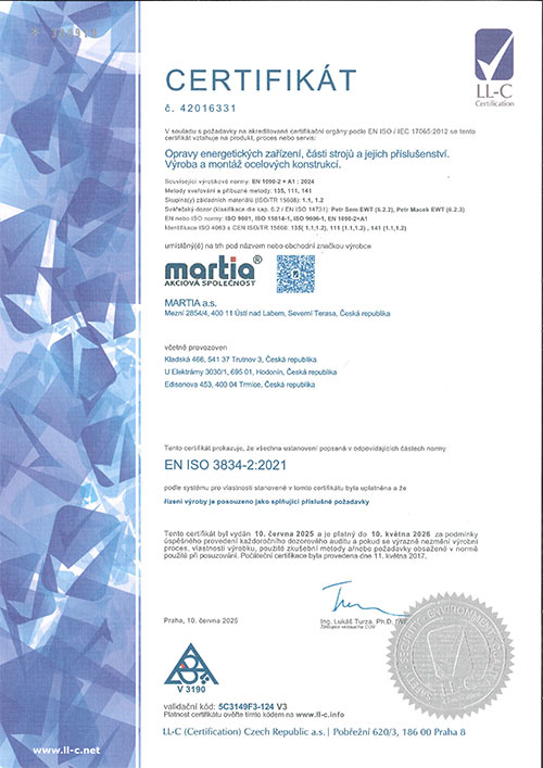 Certifikát EN ISO 3834-2 (CZE)